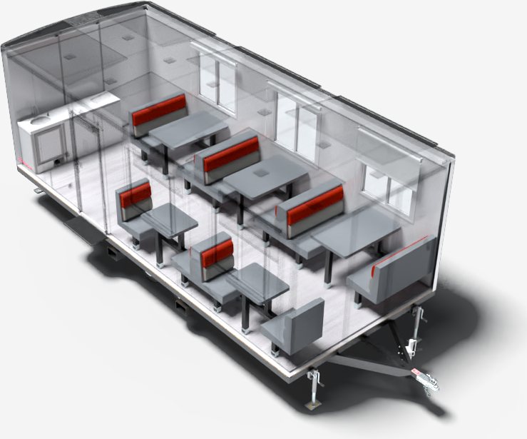 Comedor móvil TC 720 con mesas y bancas de serie (imagen referencial)